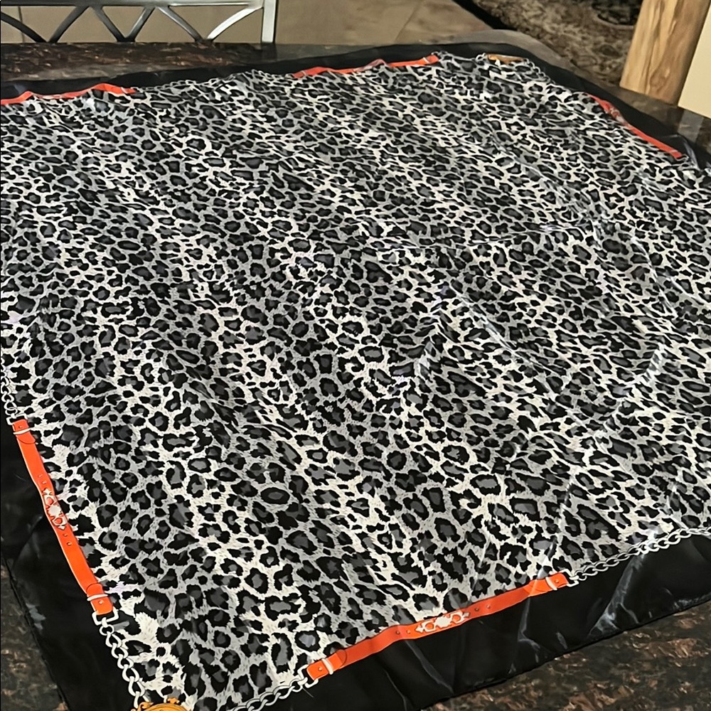 Elegant Black & Gray Leopard Print Scarf with Orange Accents